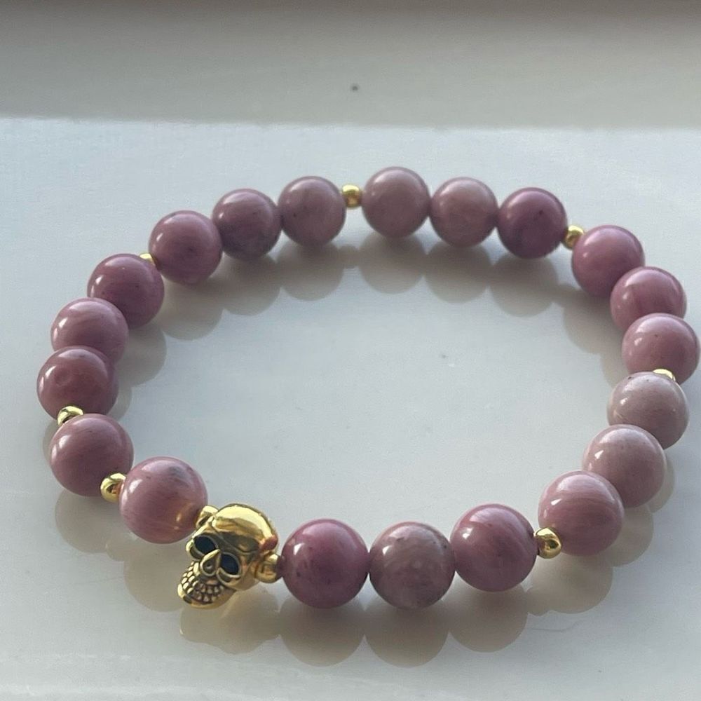 Rhodonite skull gold tone ONE stretch bracelet NEW crystal meditation yoga stone - Picture 5 of 7